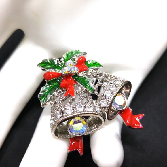 Christmas Bell Poinsettia Brooch, Red Green Enamel, 1960s Vintage Jewelry - Picture 1 of 10